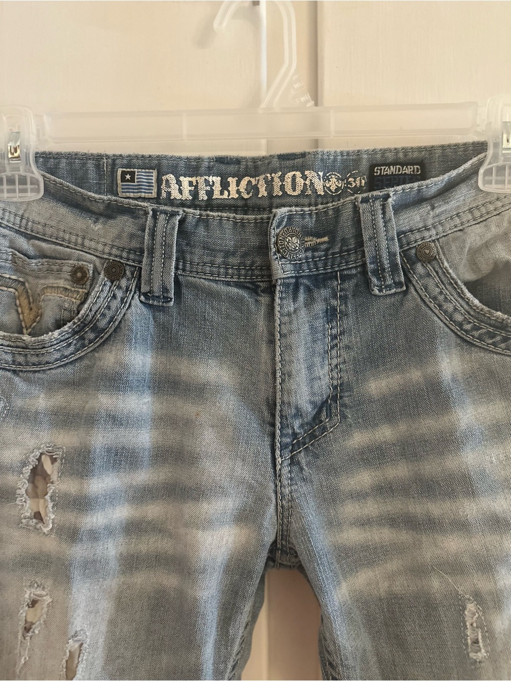 Affliction Men’s Faded Light Blue Distressed Slim Straight Jeans
